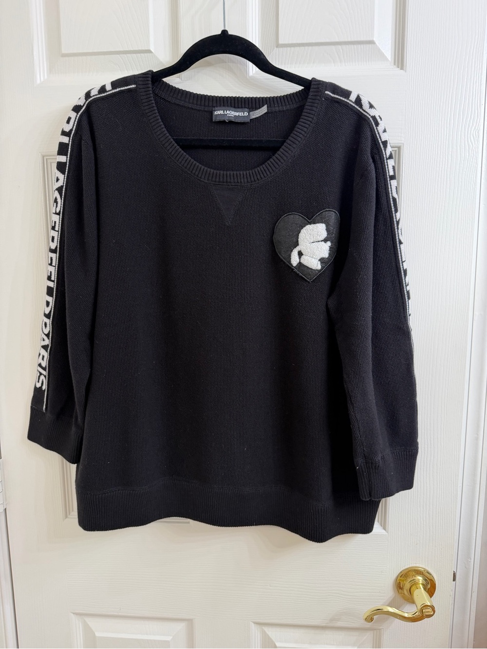 Karl Lagerfeld Black Crewneck Sweater with White Heart Motif Size M-L